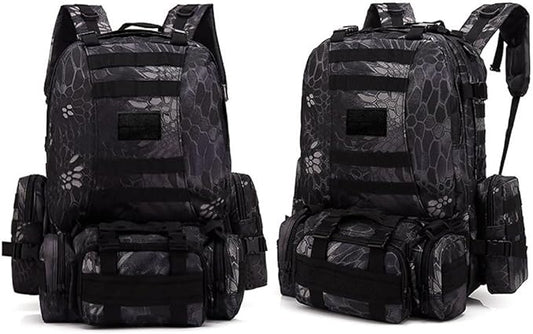 Tactical Backpack Military Army Rucksack 60L Large Assault Pack Camping Detachable Molle Bag (Python Pattern Black)