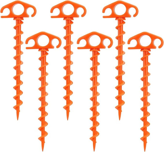 Tent Stakes Ground Anchors Screw in, 6 Pack Sand Stakes for Beach 9.4 Inch Heavy Duty Spiral Tent Pegs for Camping, Party, Hiking, Outdoor Decoration (6, Orange)