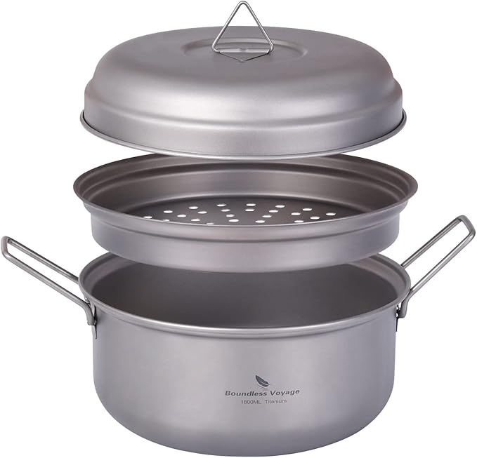 Boundless Voyage Multifunctional Titanium Steamer Pot with Frying Pan and Vented Lid Outdoor Camping Backpacking Kitchen