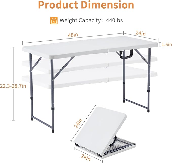 BOOSDEN 4 Foot Folding Table, Portable Rectangle Card Table, Indoor Outdoor Plastic Fold-in-Half Utility Table with Carrying Handle, Adjustable Height Foldable Tables for Picnic,Party,Camping,Office