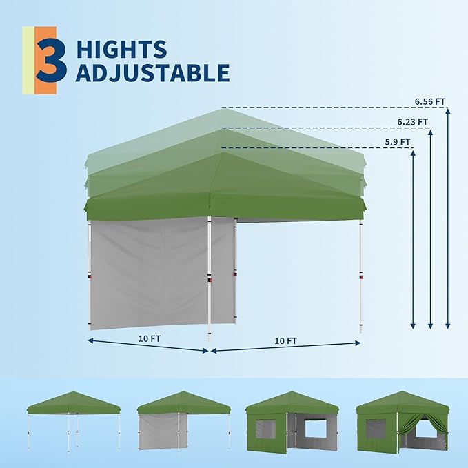 10x10 Pop Up Canopy Tent Outdoor Canopy with 1 Removable Sidewall One-Person Set Up Heavy Duty Commercial Instant Tent Shelter-Green