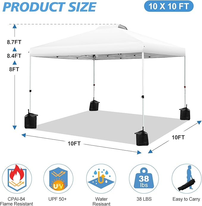 WEIZE Pop up Canopy Tent 10x10ft, 1-Button Push Setup, Instant Portable Shelter, Adjustable Height, Portable Roller Bag, 4 Weight Bags, Guy Ropes & Stakes Included, White
