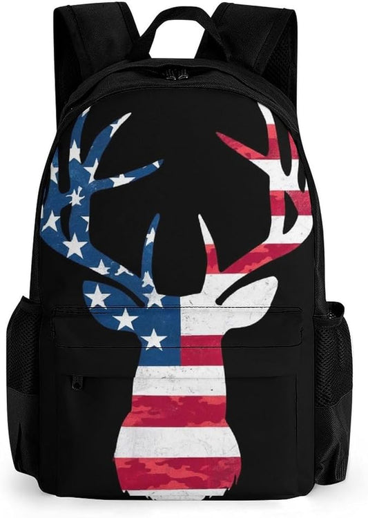 Supdreamc Polyester Daypack Backpack for Climbing Outdoors Running, Big Capacity Multipurpose Anti-Theft Bookbag, Camo Deer Hunting Camouflage Usa Flag Travel Hiking Camping Rucksack