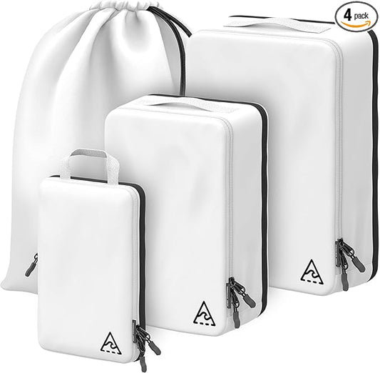 Well Traveled 4 pcs Compression Packing Bags Cubes Set with HybridMax Double-Capacity Design - Packing Cubes for Travel Compression to Maximize Limited Luggage Space, White