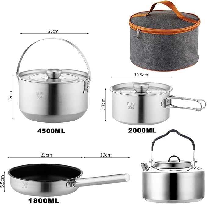 Jorunhe 7PCS Camping Cooking Set,Camping Cookware Mess Kit,304 Stainless Steel Camping Cookware with Travel Tote Bag for Camping Outdoor Cooking & Picnic,RVs