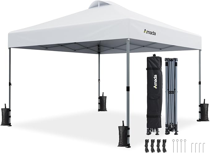 Amada 10x10 Pop Up Canopy - Center Lock One Push Instant Setup Gazebo Outdoor Canopy Beach Tent with STO-N-Go Bag 8 Stakes & 4 Sand Bags, 3-Height Adjustable Shade Shelter (10x10ft, White)