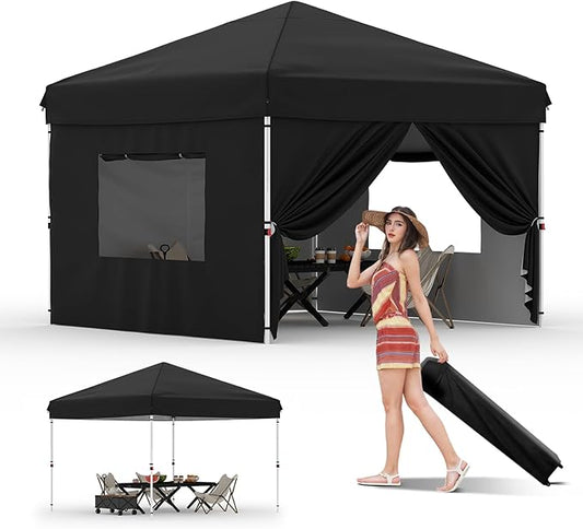 10x10 Pop Up Canopy Tent Outdoor Canopy with 4 Removable Sidewalls One-Person Set Up Heavy Duty Commercial Instant Tent Shelter-Black
