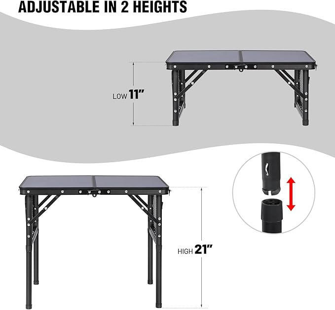 RedSwing Small Folding Table 2ft, Adjustable Height with Extra Space, Lightweight and Portable Aluminum Frame Camping Table for Outdoor Indoor Picnic, Black