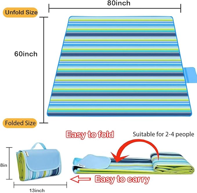 K Y KANGYUN Large Beach Blanket Picnic Blankets Sandproof WaterproofMat for Beach, Travel, Camping, Hiking, Park Grass,Home Foldable80x60in (Blue)