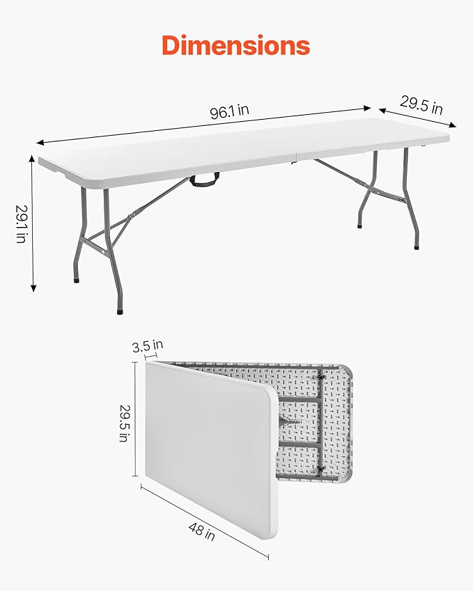 VEVOR Folding Table, 8 Ft Heavy Duty Portable Fold-in-Half Utility Table, Indoor Outdoor Plastic Rectangle Table with Built in Handle, for Party, Dining, Wedding, Events, Picnic, Camping, White