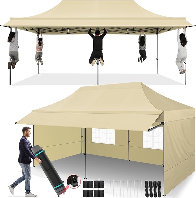 COBIZI 10x20 Pop Up Canopy Tent with Awning,Heavy Duty Canopy UPF 50+ All Season Wind Waterproof Commercial Outdoor Street Vendors Party Tents for Parties Canopy with Roller Bag(10 x 20 ft Khaki)