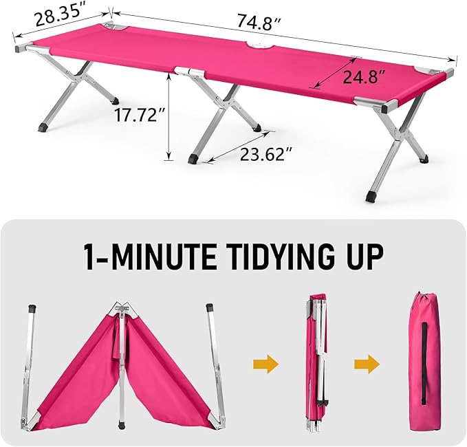 Camp Bed, Portable Folding Camping Cot for Adults,Indoor Outdoor Portable Sleeping Cot for Hiking, Camping with Carrying Bag Army (Pink)
