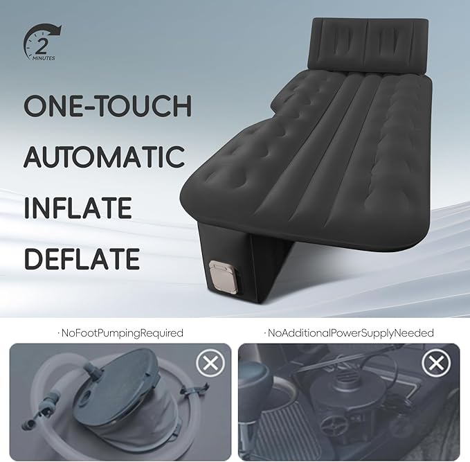 Car Air Mattress Back Seat Bed for Truck One-Piece Bed Pier Thickened Travel Airbed Blow up Mattress SUV Self Inflatable Camping Sleeping Pad with Wireless Air Pump & Pillow, Black