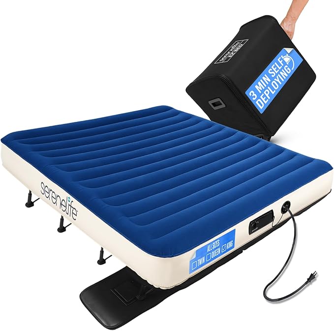 SereneLife (King) EZ Bed Air Mattress with Frame and Rolling Case - 3 Min Self Inflating Air Bed with Upgraded U-Coil Mattress and Premium Soft Flocked Top, Wall Plug AC Powered Inflate and Deflate