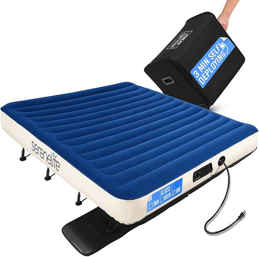 SereneLife (King) EZ Bed Air Mattress with Frame and Rolling Case - 3 Min Self Inflating Air Bed with Upgraded U-Coil Mattress and Premium Soft Flocked Top, Wall Plug AC Powered Inflate and Deflate