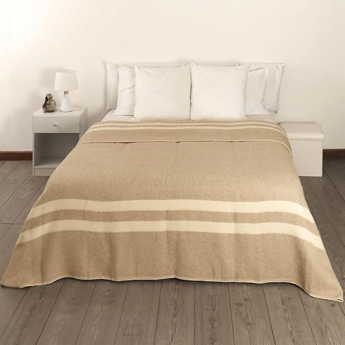 Thick Alpaca Wool Blanket Heavyweight Camping Outdoors Indoors Soft Peru King Size Stripes Design (Beige - Ivory, King Size)