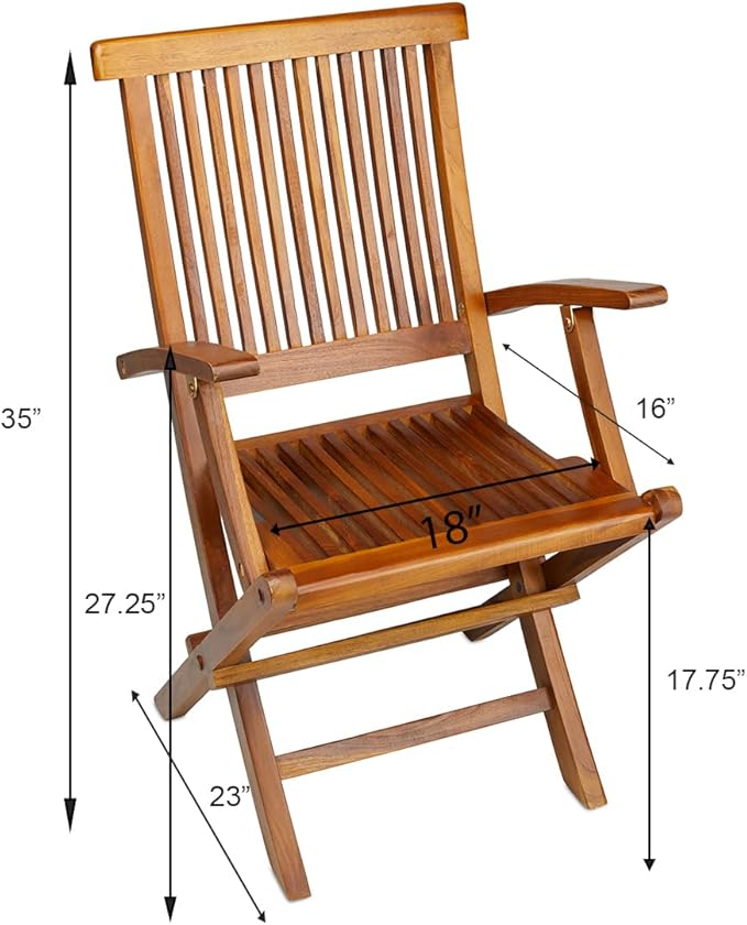 TeakCraft Teak Folding Arm Chair - 2 Piece Foldable Chairs Set - Fully Assembled - Solid Wooden Outdoor, Indoor- Wood Dining Room, Kitchen, Patio, Bistro Chairs, The Mille