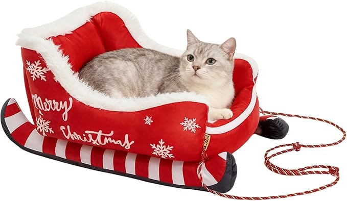 Christmas Sleigh Dog Cat Beds, Christmas Themed Pet Sleigh Bed, Festive Insulated Nest for Winter Holiday Puppy Animal Calming Sleeping Kitten Cold Weather Nights Indoor Rest