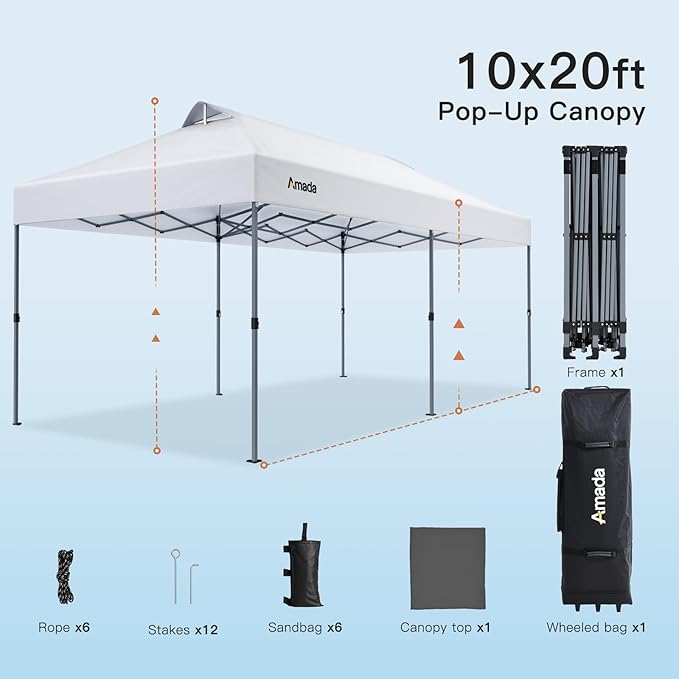 Amada 20x10 Pop Up Canopy - Center Lock One Push Instant Setup Gazebo Outdoor Canopy Beach Tent with STO-N-Go Bag 8 Stakes & 4 Sand Bags, 3-Height Adjustable Shade Shelter (20x10ft, White)