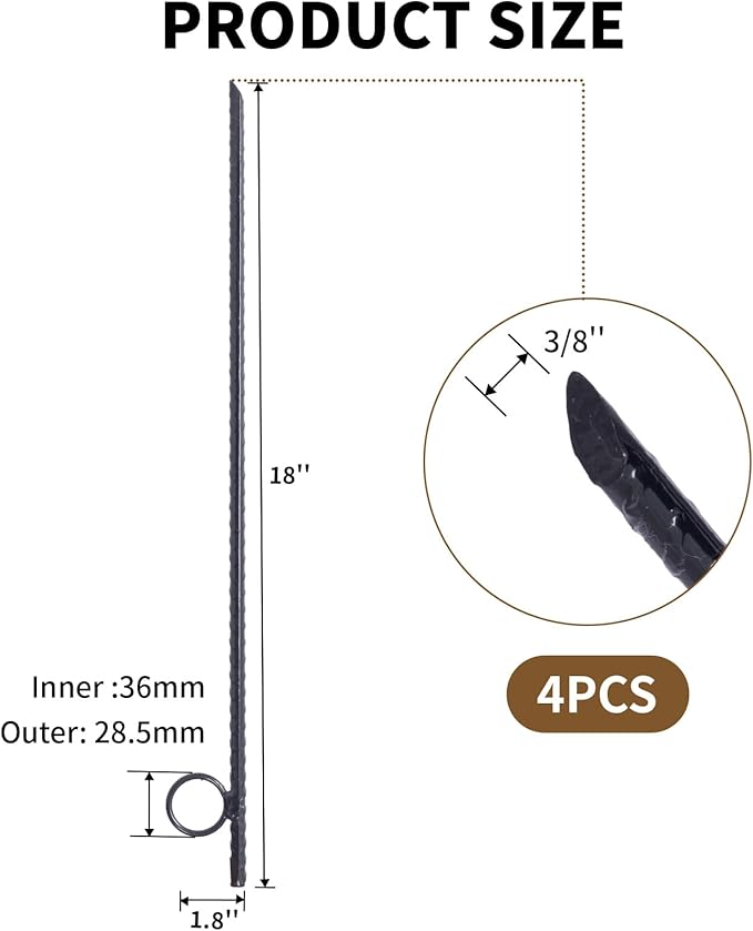 4 Pack Rebar Stakes 3/8" x 18" Heavy Duty Steel Ground Anchors with 1" Loop & Angled End for Canopy, Camping, Tent, Tarps, Garden & Yard, Black