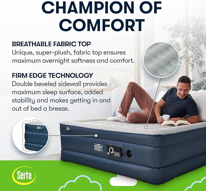 Serta Queen TPU Perfect Sleeper Air Mattress | Queen 18” | TPU Construction | Slumbertouch Knit Topper - Edge Protection | Air Mattress with Built-in Air Pump