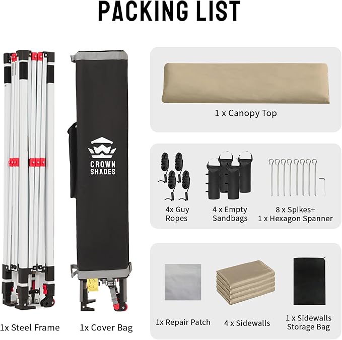 CROWN SHADES 10X10 Commercial Instant Canopy Pop Up Tent with Center Lock, 300D Fabric, 4 Sidewalls, Sto'N Go Bag, Beige