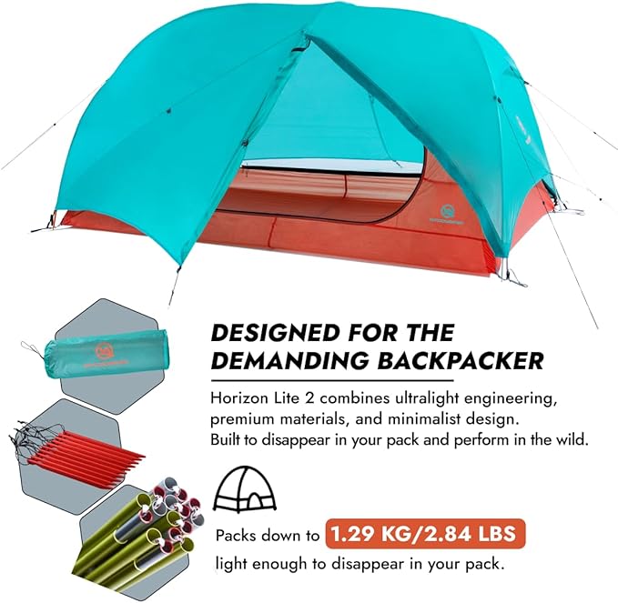 Horizon Lite 2 Ultralight 2-Person Backpacking Tent – Freestanding, 3-Season, Waterproof Double-Door Design – Seafoam Blue