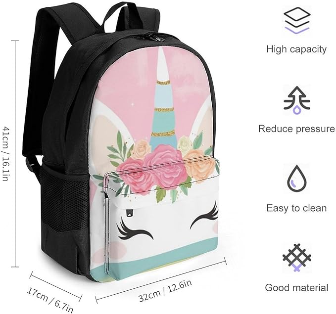 Rucksack Anti-Theft Multipurpose Large Capacity Carry On Bag, Pink Unicorns Face Travel Hiking Bag Day Pack With Side Pockets
