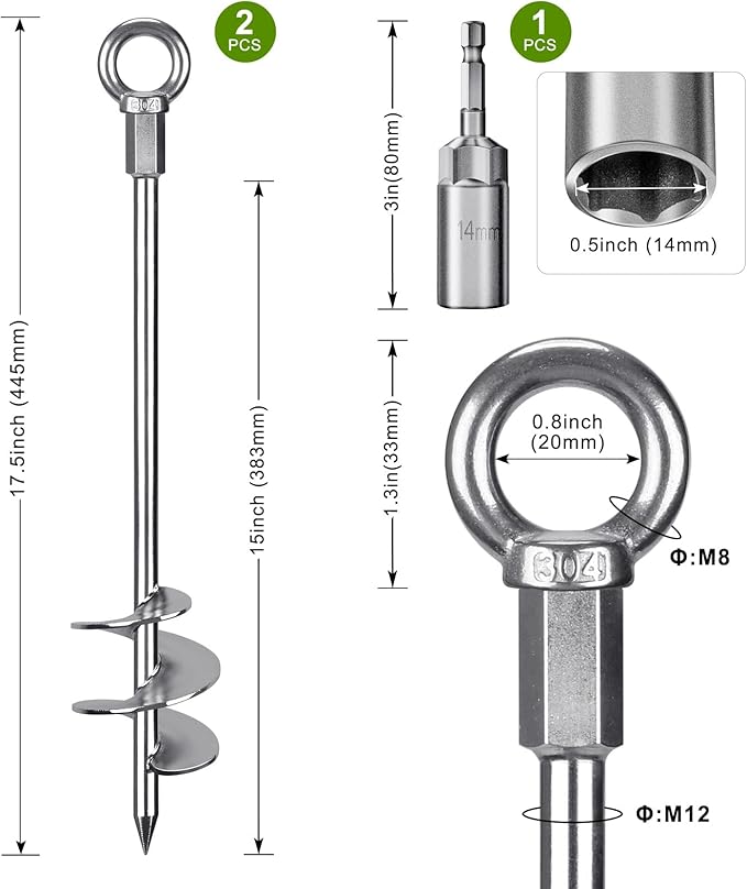 Dolibest 18" Heavy-Duty Ground Anchors Screw in, 3" Wide Spiral Earth Anchors for Swing Set, Wind Resistant Mobile Home, Trampoline, Sheds - Fully Welded Ground Anchors-Set of 2