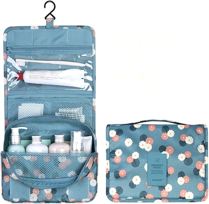 Trawila Travel Hanging Toiletry Bag Cosmetic Bag Makeup Organizers for Men & Women with Sturdy Hook (Blue flower)
