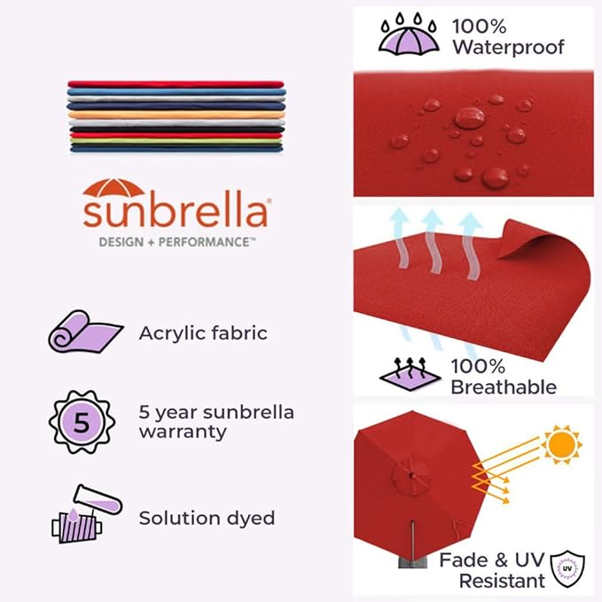 Midtown Umbrellas 10 Ft Outdoor Cantilever Patio Umbrella w/Sunbrella Red Acrylic Fabric - 360° Rotate Offset Patio Umbrella, Deck Patio Umbrella, Backyard Umbrella & Garden Umbrella - Black Frame