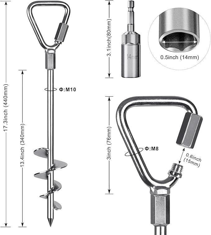 17'' Trampoline Tent Stakes, Fully Welded Ground Anchors Screw In, Metal Stake for Ground, Stakes for Inflatables, Shed Anchor Kit, Earth Anchors, Trampoline Anchors High Wind Heavy Duty, 4Pack