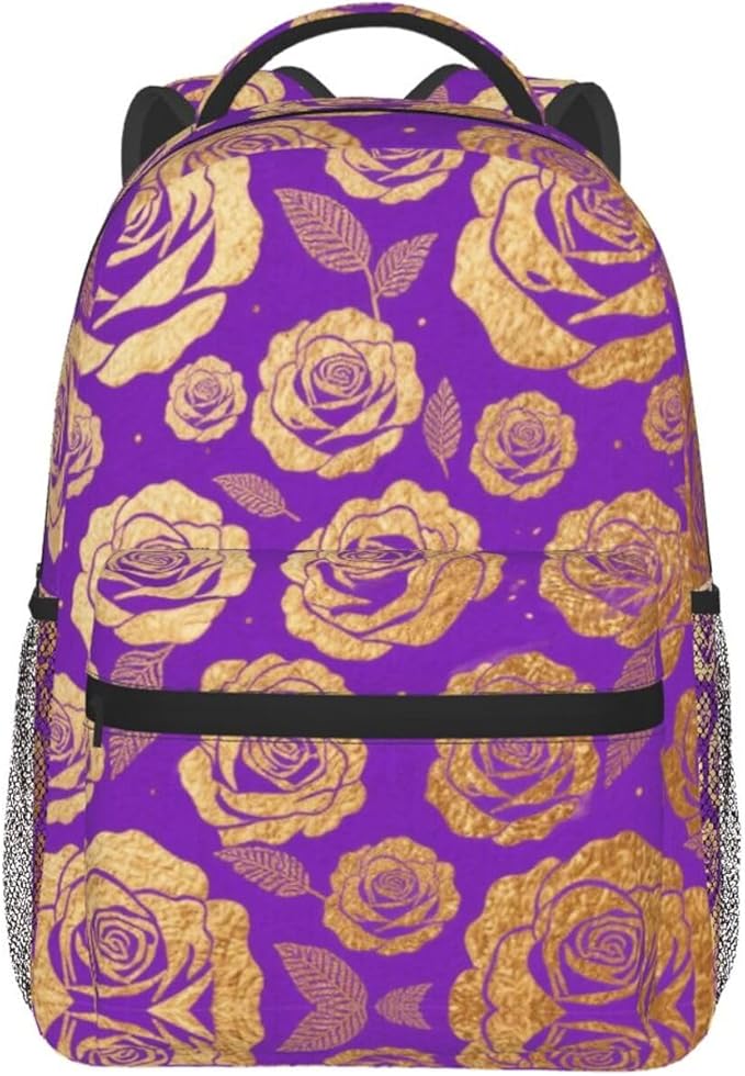Men Women Lightweight Purple Gold Rose Art Backpack Large Capacity Carry On Bag With Padded Straps for Sports Work Walking Cycling