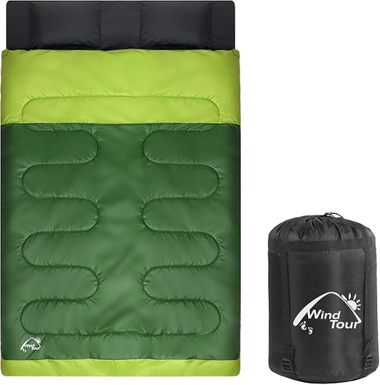 Double Sleeping Bag for with 2 Pillows - Lightweight 2 Person Sleeping Bag, Adults & Teens Cotton for Camping, Backpacking, Hiking with Carrying Bag for Cold & Warm