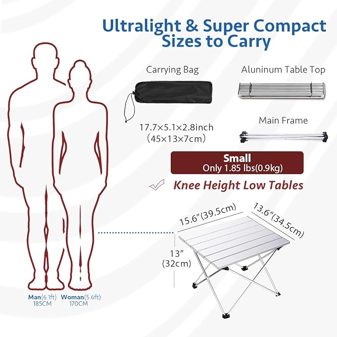 Grope Small Folding Camping Table with Aluminum Table Top, Beach Table for Sand with Carrying Bag,Prefect for Outdoor, Picnic, BBQ, Cooking, Festival (Silver-S)