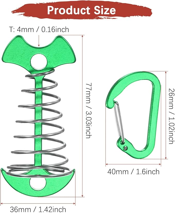 Fishbone Deck Anchor Pegs with Buckles [10PCS] - Aluminium Tent Stakes with Spring Buckle Use for Camping & Hiking - [Green] Windproof Tie Down Tent Stakes