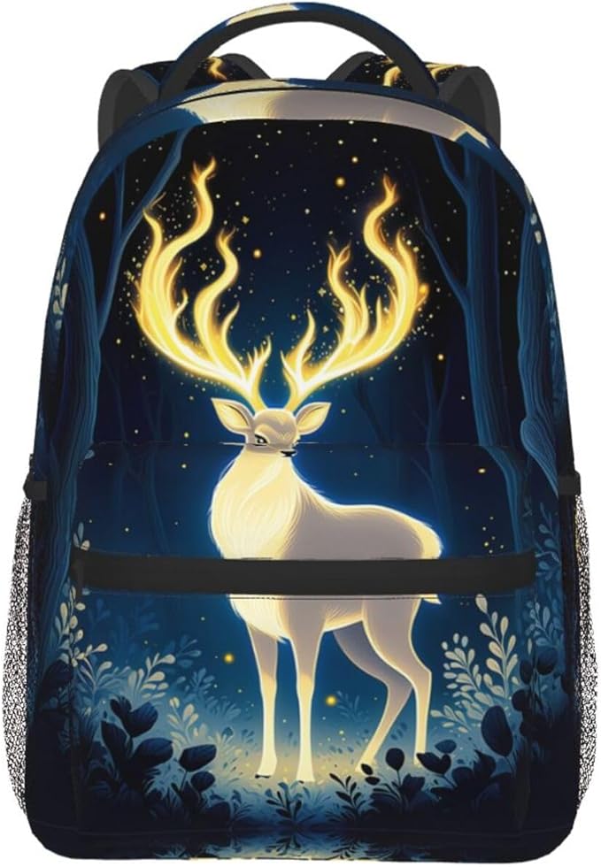Daypack Anti-Theft Multipurpose Large Capacity Shoulder Bag, Mysterious Gold Elk Art Travel Hiking Camping Rucksack With Smooth Zippers