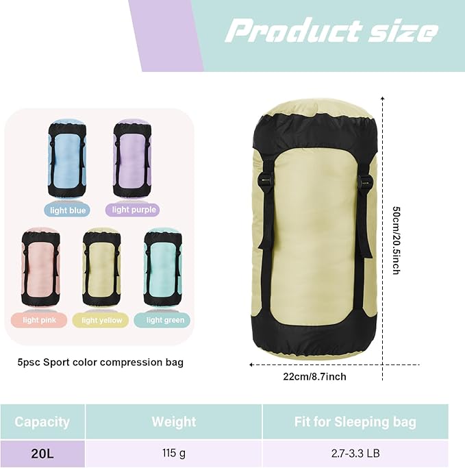 5 Pcs Compression Sacks for Backpacking 20L Camping Sleeping Bag Stuff Sacks for Backpacking Water Resistant Sleeping Bag Storage Sack for Space Saving Hiking Gear