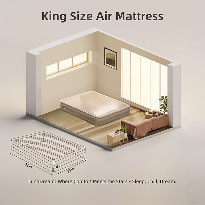 LunaDream King Air Mattress with USB Rechargeable Built-in Pump, Wireless Inflatable Airbed, FlexWeave Tech for 1100 lbs Enhanced Support, Portable for Home & Camping, Leak Proof Design, Carry Bag