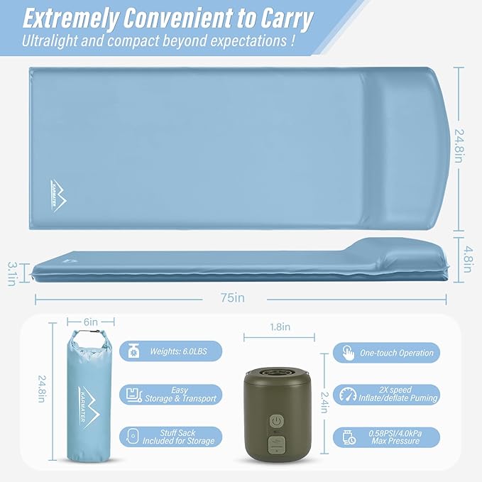 M KARMATER Self Inflatable Sleeping Pad, 3.1" Ultra-Thick Memory Foam Camping Pad，Fast Inflate & Deflate with Air Pump，Insulated Camping Mattress Pad for Car Travel Tent, Camping, All Season Use
