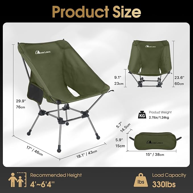 MOON LENCE Camping Chair Plus, Upgraded Comfort & Size, Still Compact and Lightweight, Folding Portable Chair for Backpacking & Hiking, 400Lbs Capacity, Gen 3 Plus (Green 2 Pack (Plus))