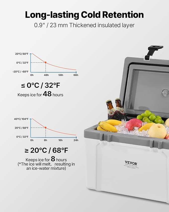 VEVOR Portable Cooler,Hard Cooler with Ice Retention, Heavy-Duty Handles and Strap, Lightweight Rigid Material Insulated Portable Cooler, Suitable for Family Picnics and Short Trips
