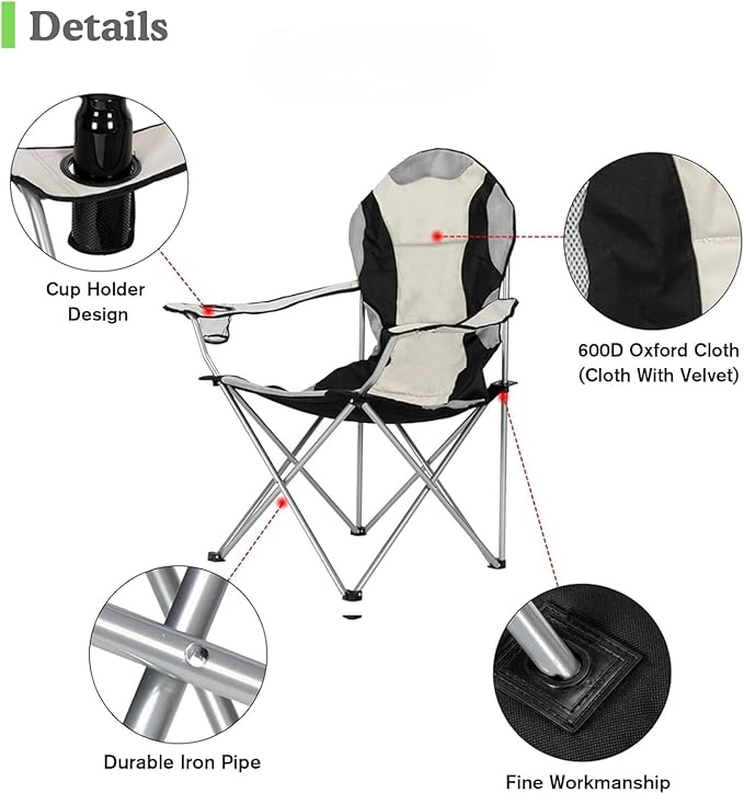 Portable Camping Chair with Back Support, Folding Outdoor Padded Lawn Chair with Cup Holder Storage for Hiking, Lawn, Concert, Fishing, Iron Frame, 600D Fabric