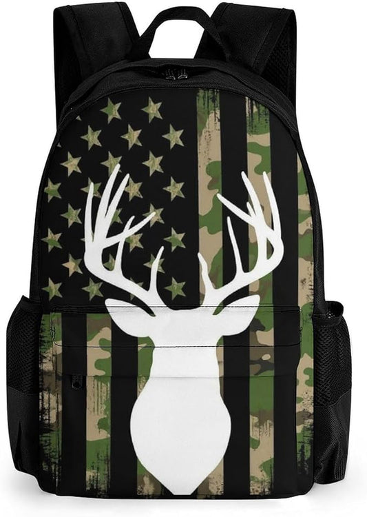 Lightweight Backpack for Gym Travel Bicycle, Big Capacity Multipurpose Anti-Theft Carry On Bag, Camouflage American Flag Hunting Deer Camo Travel Hiking Bag Day Pack