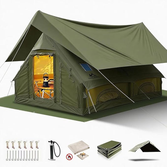 Inflatable Camping Tents 8-10 Person,129 Square Feets Large Inflatable Camping Tent with Stove Jack,Blow up Tent with Mesh Windows & Pump
