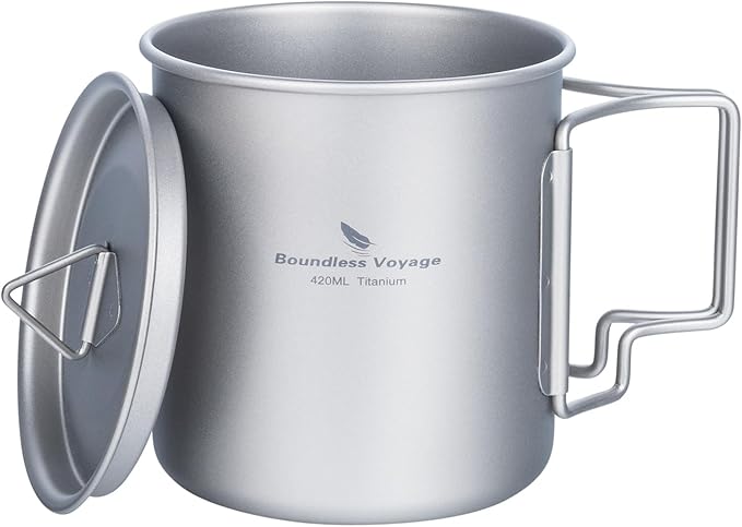 iBasingo 420ml Titanium Mug with Lid Tea Coffee Water Cup Outdoor Camping Pot Ultra-light Portable Hiking Backpacking Cooking Kit Picnic Tableware Drinkware with Foldable Handle Ti3025D