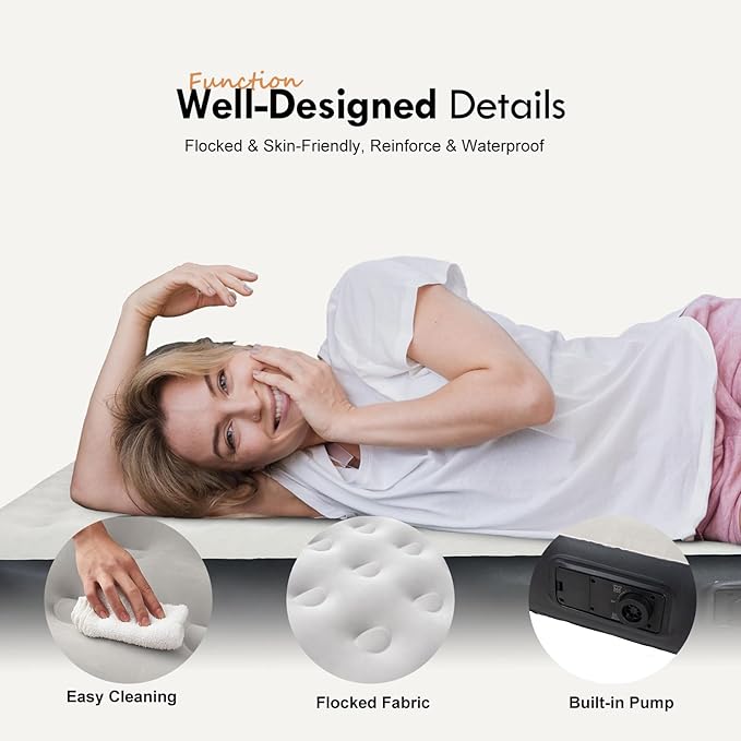 DIMAR GARDEN Queen Size Air Mattress with Built-in Pump, Inflatable Flocked AirBed Blow Up Mattress