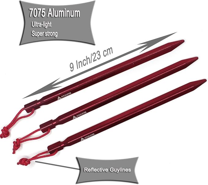 SOLEADER 12 Pieces Tent Pegs Heavy Duty, 9 Inch Y-Shaped Metal Aluminium Alloy Camping Tent Stake Nail with Reflective Rope for Camping, Outdoor, Beach, Hiking