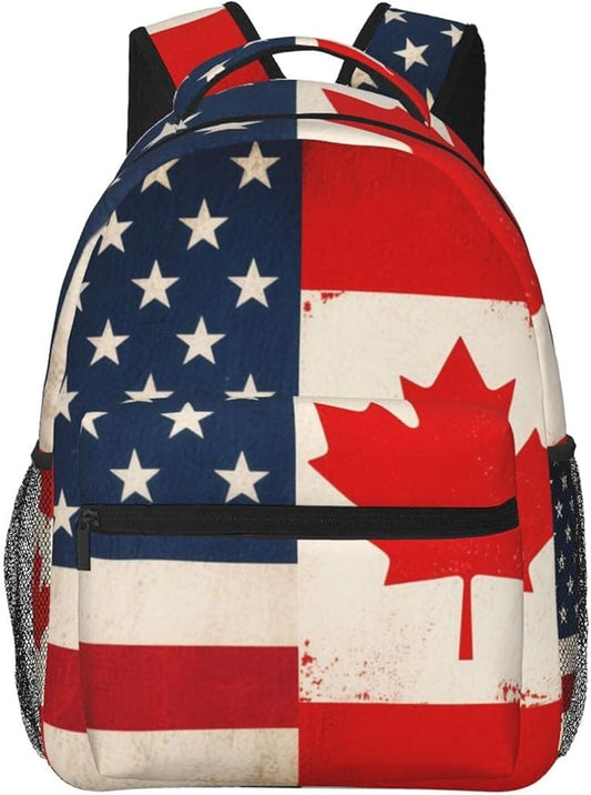 Daypack Backpack Polyester Anti-Theft Multipurpose Usa America Ca Canada Flag Art Bookbag Big Capacity Travel Hiking Camping Rucksack With Smooth Zippers