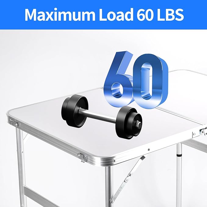 Folding Camping Table 3 Ft Portable Picnic Table Foldable 2 Height Adjustable Aluminum Camp Table Outdoor for Card BBQ White 35.5×23.6×26 inch
